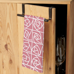 Art Deco Rose Squares Stylised Floral pink Tea Towel
