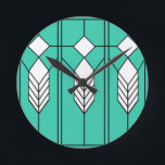Art Deco Round Clock<br><div class="desc">This clock has an art deco stained-glass window design of diamonds and lines in white,  black,  and turquoise.</div>