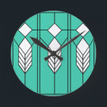 Art Deco Round Clock<br><div class="desc">This clock has an art deco stained-glass window design of diamonds and lines in white,  black,  and turquoise.</div>