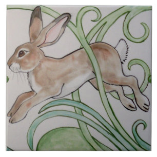 Art Deco Running Rabbit Designer Tile Trivet Green