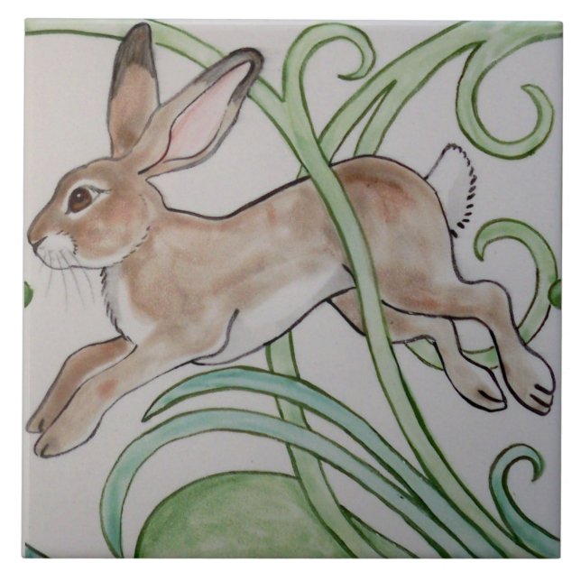 Art Deco Running Rabbit Designer Tile Trivet Green (Front)