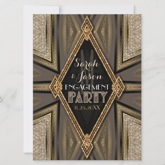 Art Deco Rustic Gold Romance Engagement Invitation (Front)
