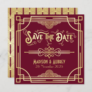 Art Deco Save the Date Gold Burgundy Great Gatsby