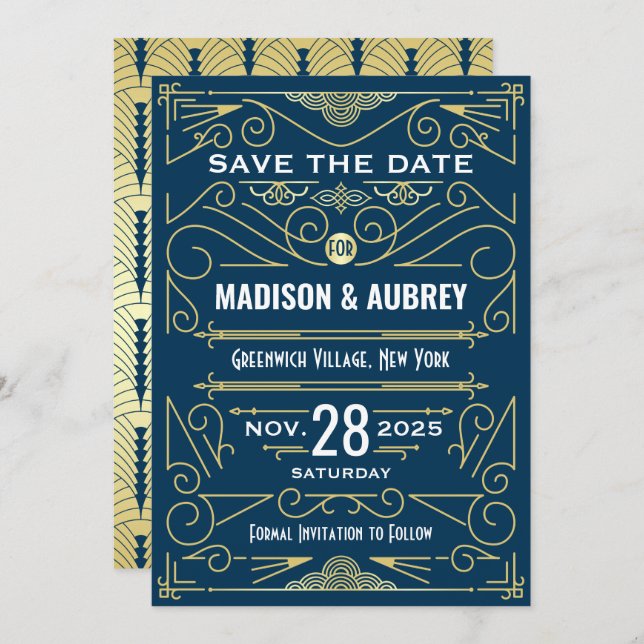 Art Deco Save the Date Wedding Elegant Gold Blue Invitation (Front/Back)