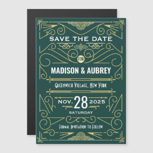 Art Deco Save the Date Wedding Elegant Gold Green Magnetic Invitation