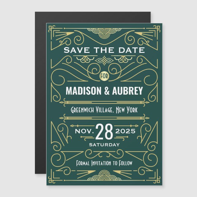 Art Deco Save the Date Wedding Elegant Gold Green Magnetic Invitation (Front/Back)
