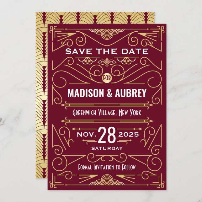 Art Deco Save the Date Wedding Gold Burgundy Invitation (Front/Back)