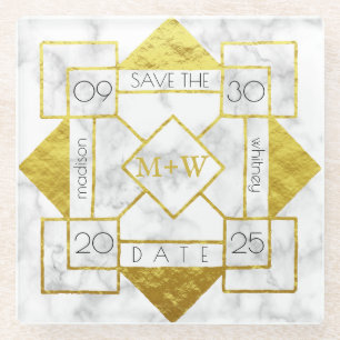 Art Deco Save the Date White Marble Gold Foil Glam Glass Coaster