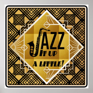 Art deco saxophone jazz black gold music poster