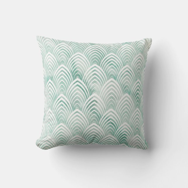 Art Deco Scales Aqua Mint White Geometry Marble Cushion (Front)