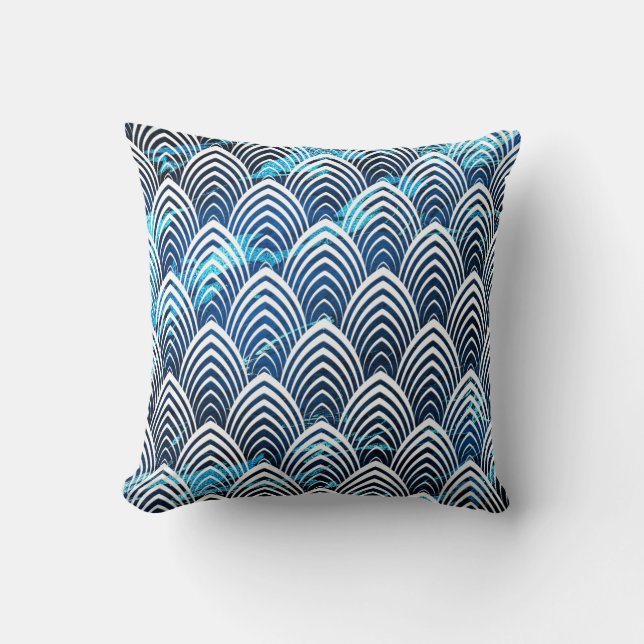Art Deco Scales Blue Navy Ocean Geometry Marble Cushion (Front)