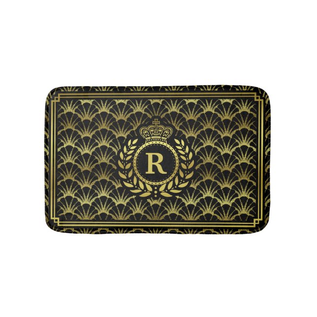 Art Deco Scallop Gold Black Laurel Wreath Crown Bath Mat (Front)