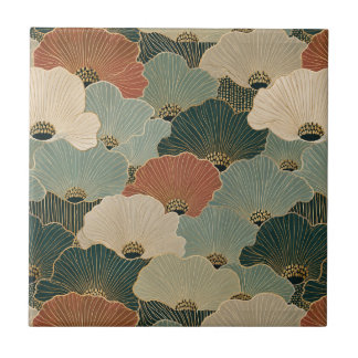 Art deco scallop shells Teal navy blue terracotta Ceramic Tile