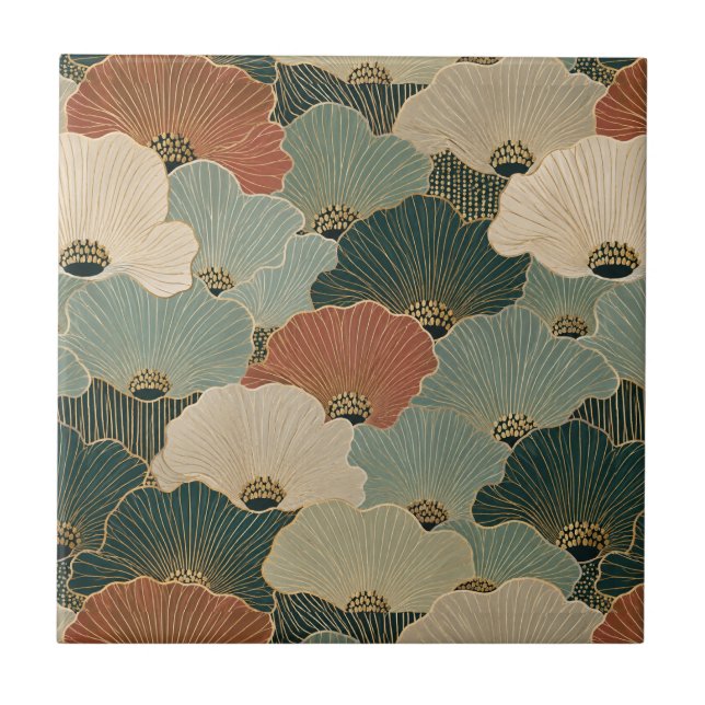 Art deco scallop shells Teal navy blue terracotta Ceramic Tile (Front)