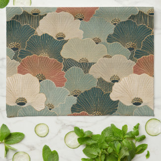 Art deco scallop shells Teal navy blue terracotta Tea Towel