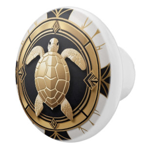 Art Deco Sea Turtle Black White Gold Ocean Life Ceramic Knob