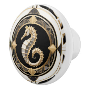 Art Deco Seahorse Black White and Gold Sea Horse Ceramic Knob