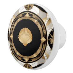 Art Deco Seashell Black White and Gold Shell Ceramic Knob