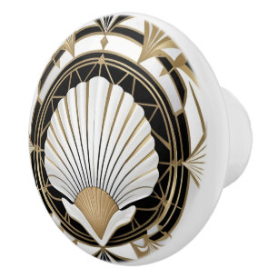 Art Deco Seashell Black White and Gold Shell Ceramic Knob