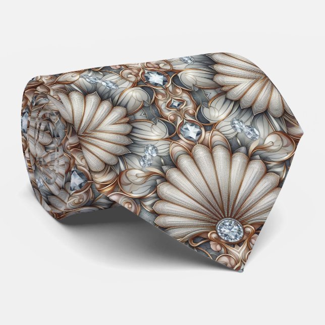 Art Deco Seashell Faux Diamond Faux Silk  Tie (Rolled)