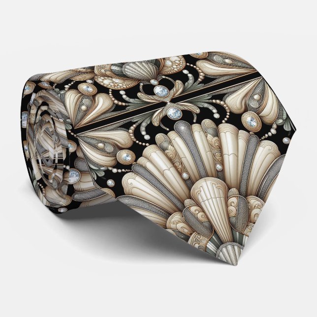 Art Deco Seashell Faux Diamond Faux Silk  Tie (Rolled)