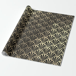 Art Deco Seashell Scale Black Faux Champaigne Gold Wrapping Paper