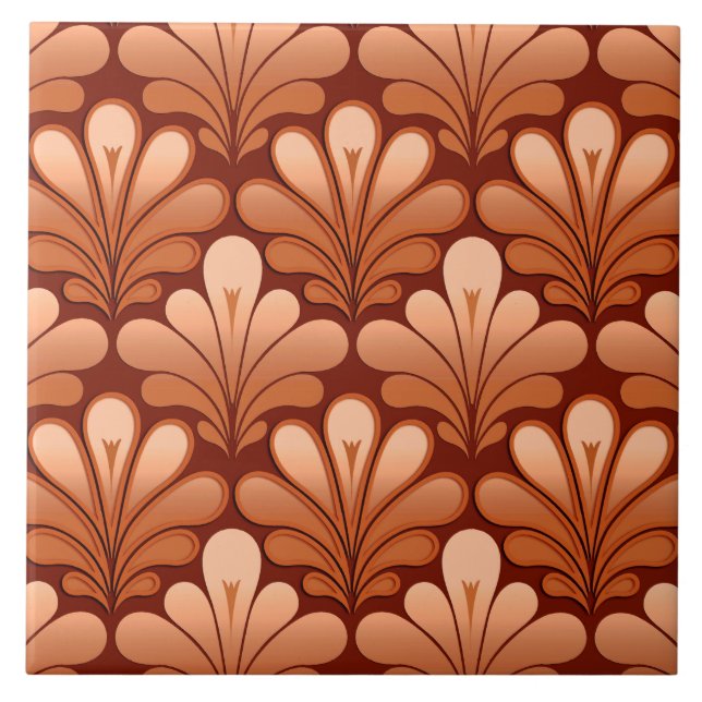 Art Deco Shell Pattern, Copper and Rust Brown Ceramic Tile (Front)