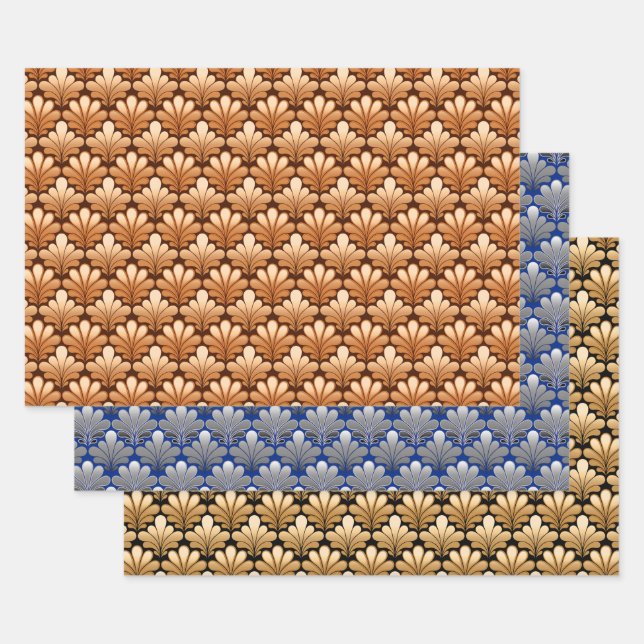 Art Deco Shell Pattern, Copper, Silver and Gold  Wrapping Paper Sheet (Set)