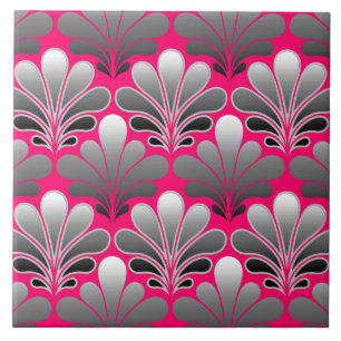 Art Deco Shell Pattern, Grey and Fuchsia Pink Ceramic Tile