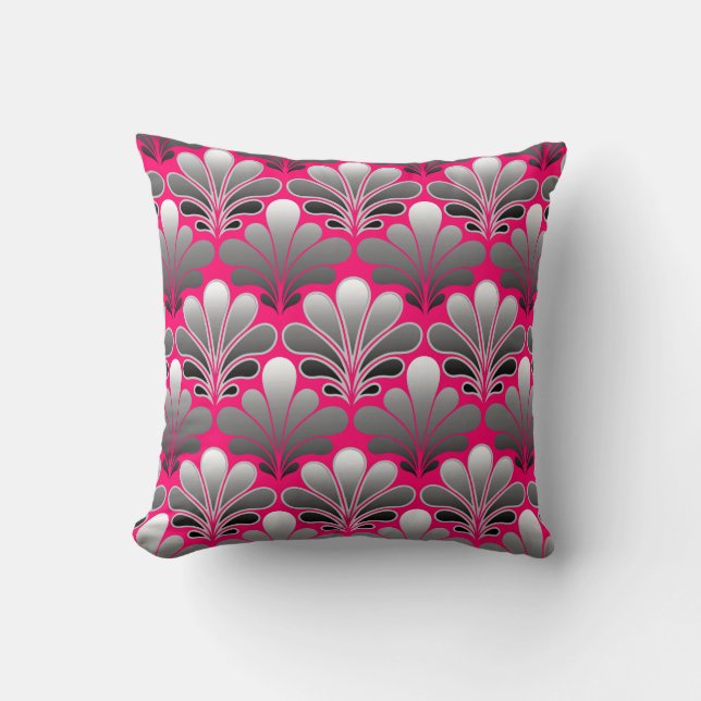 Art Deco Shell Pattern, Grey and Fuchsia Pink Cushion (Front)