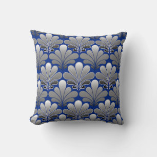 Art Deco Shell Pattern, Silver and Cobalt Blue Cushion