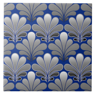 Art Deco Shell Pattern, Silver and Cobalt Blue Tile