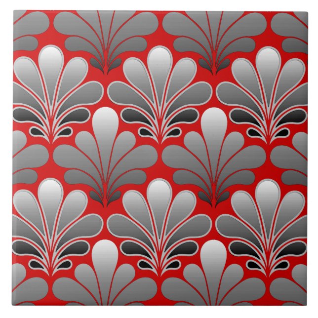 Art Deco Shell Pattern, Silver Grey / Grey and Red Ceramic Tile (Front)
