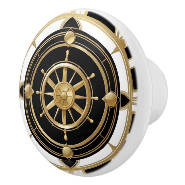 Art Deco Ship Wheel Black White Gold Nautical Ceramic Knob (Right)