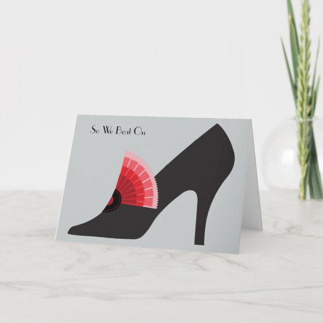 Art Deco Shoe Card in Black with Red Fan Ornament (Front)