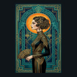 Art Deco Side Profile Dancer Gold Teal Fan Poster<br><div class="desc">Capture the fluid elegance of a 1920s cabaret performance with this stunning Art Deco silhouette. Featuring a graceful dancer in side profile holding a fan, set against a radiant golden sunburst and deep teal geometric architecture. The composition is framed by intricate patterns, making this a perfect statement piece for a...</div>