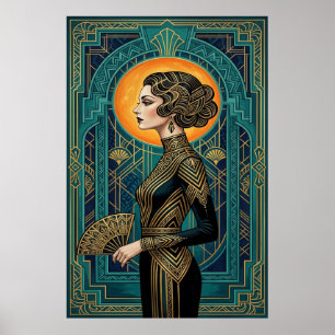 Art Deco Side Profile Dancer Gold Teal Fan Poster