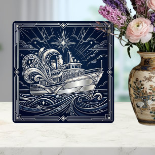 Art Deco Silver boat Ocean Waves Starry Night Ceramic Tile