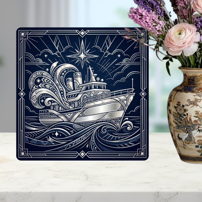 Art Deco Silver  boat Ocean Waves Starry Night Ceramic Tile (Creator Uploaded)