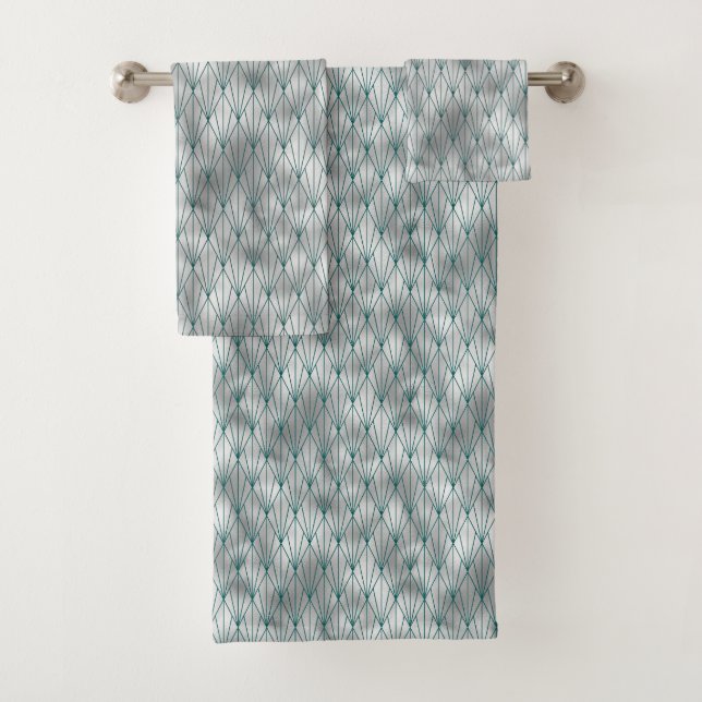 Art Deco Silver Teal Graphic Bath Towel Set (Insitu)