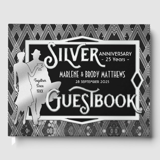 Art Deco Silver Wedding Anniversary Great Gatsby Guest Book (Front)