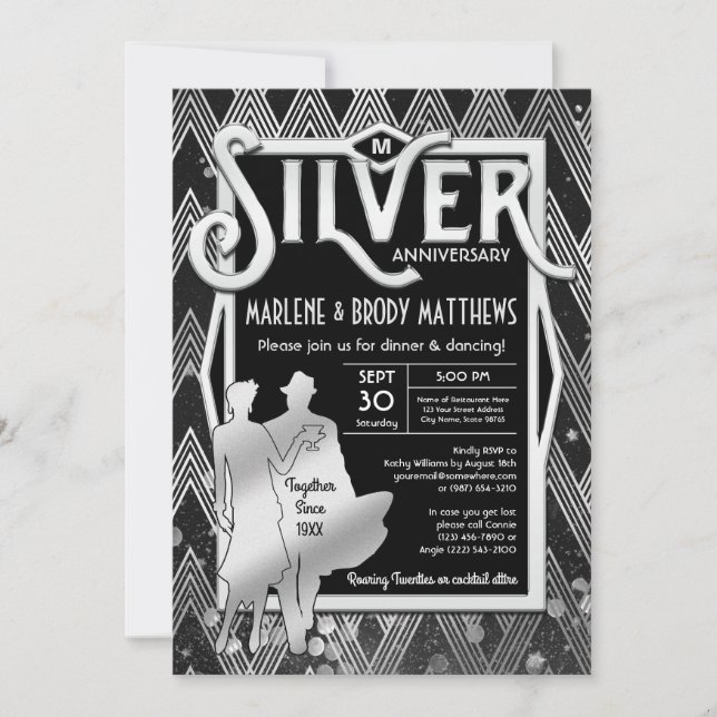 Art Deco Silver Wedding Anniversary Great Gatsby Invitation (Front)