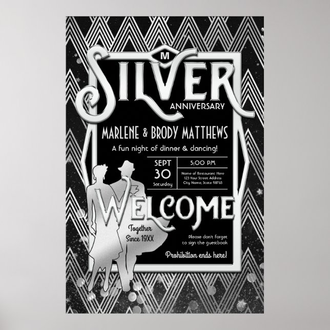 Art Deco Silver Wedding Anniversary Party Welcome Poster (Front)