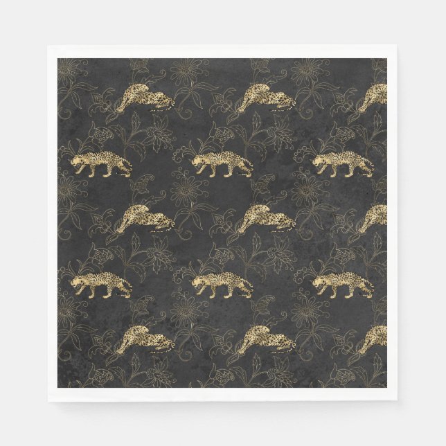Art deco Sophisticated Black and Gold leopard Napkin (Front)