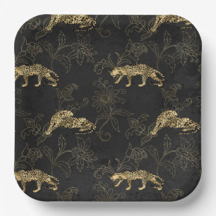 Art deco Sophisticated Black and Gold leopard Paper Plate