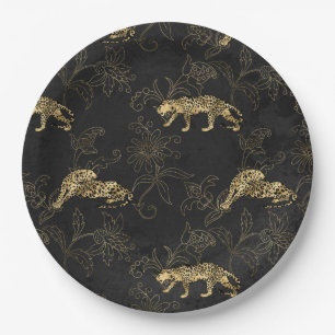 Art deco Sophisticated Black and Gold leopard Paper Plate