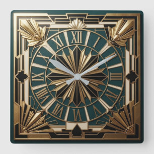 Art Deco Square Luxury Black and Gold Wall Clock