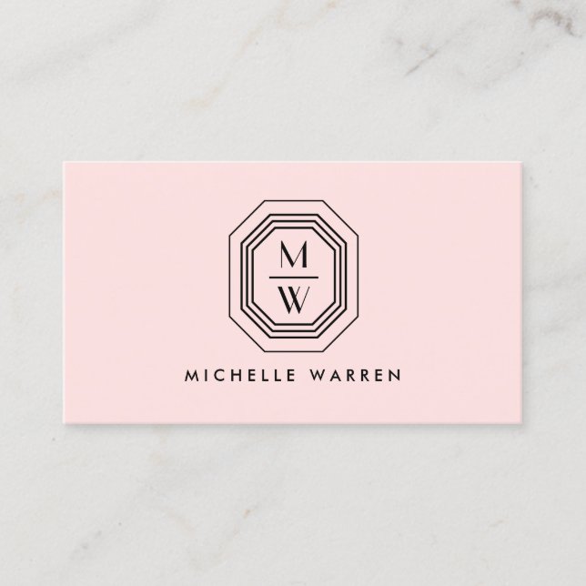 Art Deco Stacked Monogram Logo on Pink Business Card (Front)