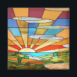Art Deco Stained Glass 1 Magnet<br><div class="desc">Square magnet with an image of colorful Art Deco stained glass; a landscape scene of rolling hills,  a lake or ocean,  trees and a rising sun. See the entire Roaring 20s Magnet collection in the PARTY FAVORS section.</div>