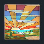 Art Deco Stained Glass 1 Magnet<br><div class="desc">Square magnet with an image of colourful Art Deco stained glass; a landscape scene of rolling hills,  a lake or ocean,  trees and a rising sun. See the entire Roaring 20s Magnet collection in the SPECIAL TOUCHES | Party Favours section.</div>